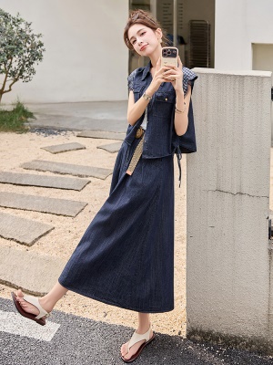 2025超火天丝牛仔套装女2025夏装新款拼接格子休闲绝美裙子两件套