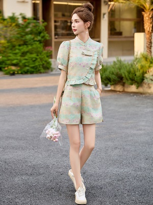 新中式国风提花短裤套装女2025夏季新款气质高级感花边上衣两件套