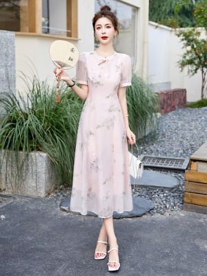 墨染印花国风连衣裙女2025夏装新款修身年轻款新中式改良旗袍长裙