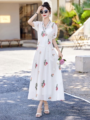 新中式民国风套装女2025夏新款时尚名媛高端V领印花半身裙两件套