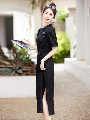 中国风盘扣连衣裙2025夏季新款名媛泡泡袖轻奢复古洋气镂空旗袍裙