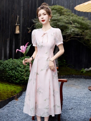 墨染印花国风连衣裙女2025夏装新款修身年轻款新中式改良旗袍长裙