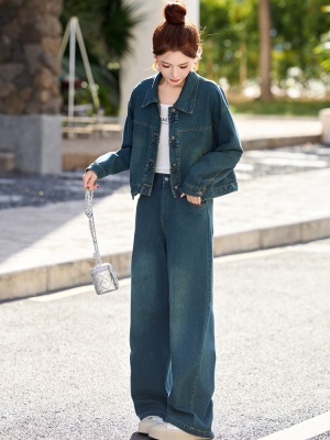 美式复古工装风牛仔套装女2025春季新款流行时尚高端阔腿裤两件套