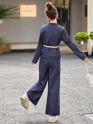 今年流行的春装套装女2025新款欧洲站超好看复古牛仔阔腿裤两件套