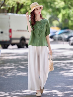 高端天丝亚麻套装女2025夏季新款显瘦遮肚子减龄年轻款妈妈两件套