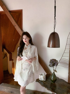 ByYou夏季新中式V领白色雪纺防晒开衫外套女薄款国风罩衫外搭披肩