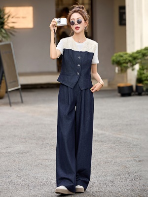 天丝牛仔时尚套装女装2025新款气质拼色超火夏日穿搭阔腿裤两件套
