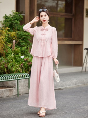 新中式雪纺套装女2025夏季新款粉色遮肚子洋气时尚三件套阔腿裙裤