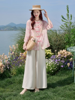 新中式盘扣天丝套装女夏2025新款气质巨好看优雅亚麻阔腿裤三件套