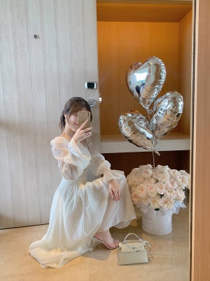 ByYou 温柔风法式方领白色泡泡袖连衣裙收腰长款高级设计感小白裙