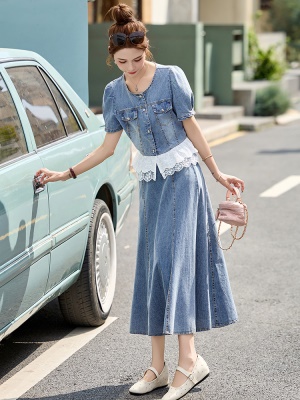 法式花边拼接牛仔短袖套装女2025夏季新款气质小香风鱼尾裙两件套