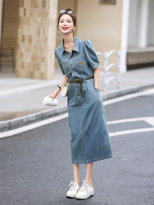 欧货时尚牛仔连衣裙女2025夏季新款修身洋气减龄泡泡袖衬衫中长裙