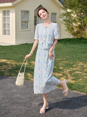 小香风气质短袖套装女夏2025新款轻奢高端刺绣木耳边半身裙两件套