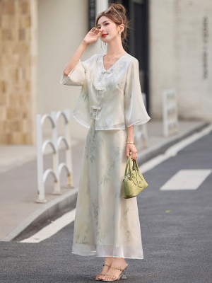 新中式国风雪纺套装女2025夏新款复古印花七分袖文艺半身裙两件套