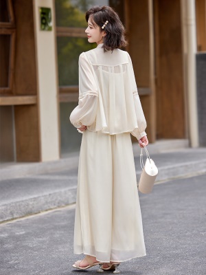 超仙时尚雪纺套装女2025春夏新款半透减龄显瘦流行阔腿裙裤三件套