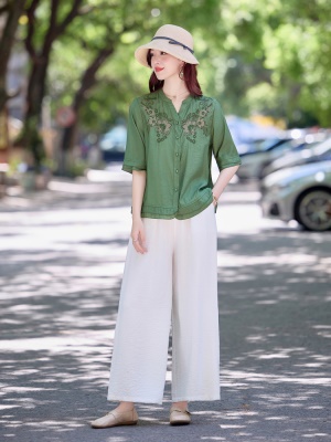 端庄大方优雅天丝套装女2025夏季新款亚麻刺绣贵气御姐感两件套裤