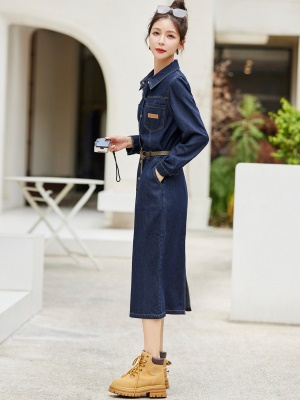 复古牛仔连衣裙女2025春秋新款高级设计感独特气质显瘦直筒衬衫裙
