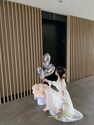 ByYou 温柔风法式方领白色泡泡袖连衣裙收腰长款高级设计感小白裙