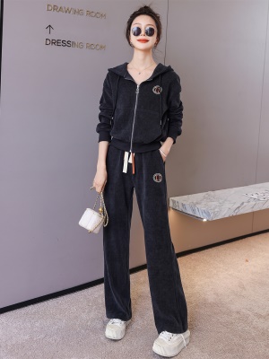 欧货休闲时尚套装女新款2025春秋连帽刺绣高端运动服阔腿裤两件套