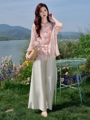 新中式盘扣天丝套装女夏2025新款气质巨好看优雅亚麻阔腿裤三件套