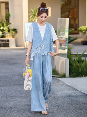 高级设计感亚麻套装女2025夏季新款大气贵夫人时尚薄款马甲三件套