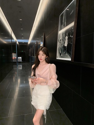 ByYou 夏季白色高腰半身裙女设计感抽皱网纱拼接显瘦包臀短裙子