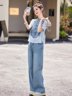 拼接衬衣天丝套装女2025夏天新品薄款盘扣新中式干练气质两件套裤