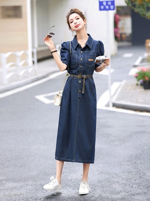 欧货时尚牛仔连衣裙女2025夏季新款修身洋气减龄泡泡袖衬衫中长裙