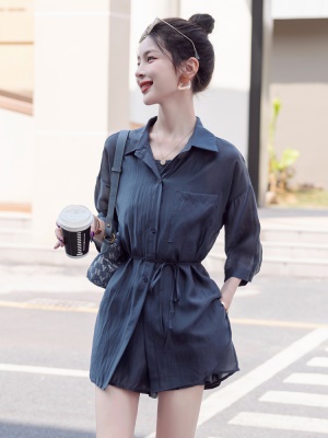 小个子套装遮肉夏季女2025新款炸街高级感显瘦衬衣薄纱短裤三件套