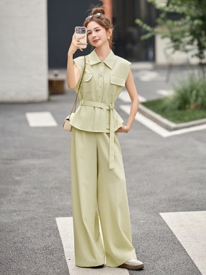 欧洲站又酷又飒系带收腰工装套装女2025夏款显瘦马甲阔腿裤两件套