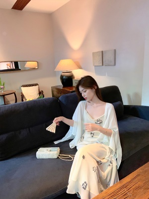 ByYou夏季新中式V领白色雪纺防晒开衫外套女薄款国风罩衫外搭披肩