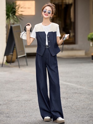 天丝牛仔时尚套装女装2025新款气质拼色超火夏日穿搭阔腿裤两件套