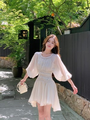 ByYou 夏季新款法式灯笼袖白色雪纺连衣裙收腰显瘦气质脚踝长裙子