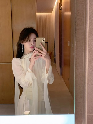 ByYou 夏季气质茶歇法式飘带温柔风米白色连衣裙长款收腰超仙女裙