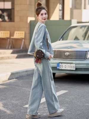 欧货洋气牛仔圆领套装女2025春季新款超火气质小香风工装风两件套