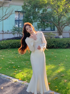 ByYou 冬季兔绒白色高腰a字针织半身裙长款过膝毛衣裙包臀鱼尾裙