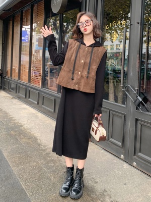 欧货连帽卫衣连衣裙套装女2025秋装新款时尚减龄学院风马甲两件套