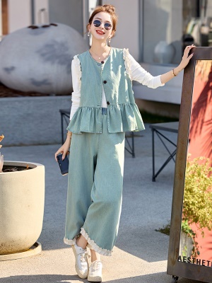 花边拼接牛仔马甲套装女2025夏季新款时尚流行百搭爆款休闲三件套