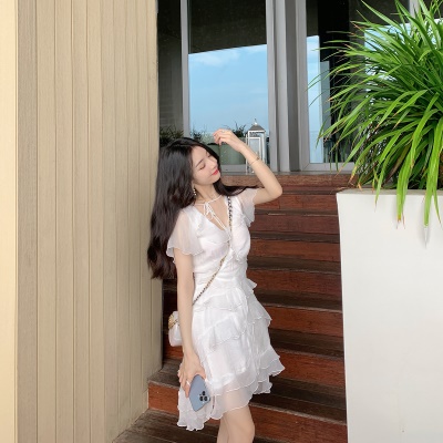 ByYou夏季白色真丝皱V领连衣裙女设计感荷叶边收腰显瘦短裙蛋糕裙