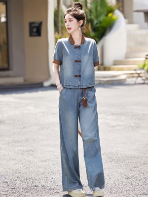 拼色薄款牛仔套装女2025夏天新品国风新中式欧货时尚年轻款两件套