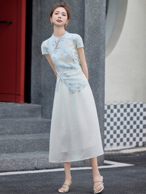 新中式改良旗袍连衣裙女2025夏季新款国风收腰印花拼接假两件长裙