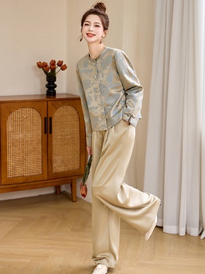 国风气质名媛套装女2025春季新款时尚贵气高腰缎面新中式两件套裤