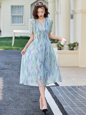 莱赛尔天丝印花连衣裙女2025夏装新款今年流行爆款漂亮掐腰长裙子