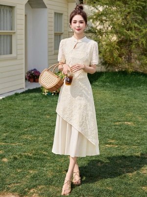 新中式国风改良旗袍裙女夏2025新款高端刺绣假两件套不规则连衣裙