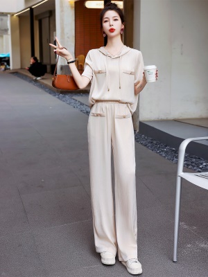 高端休闲时尚套装女夏2025新款气质冰丝运动连帽显瘦阔腿裤两件套
