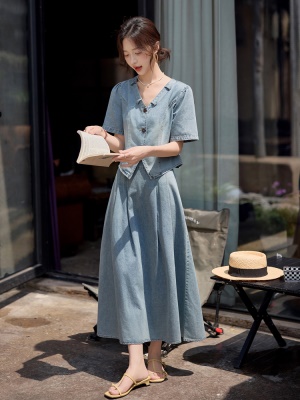 夏日绝美小裙子套装女2025新款气质高端御姐女神范天丝牛仔两件套