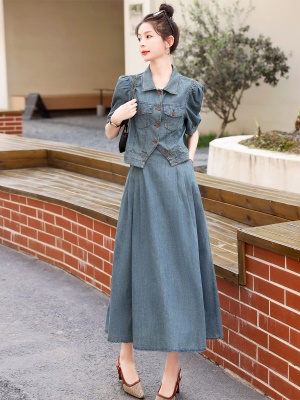 欧货天丝牛仔套装女2025夏季新款复古气质漂亮国风半身长裙两件套