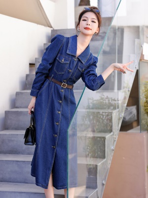 法式复古牛仔连衣裙女2025春秋季新款收腰显瘦欧洲站高端衬衫长裙