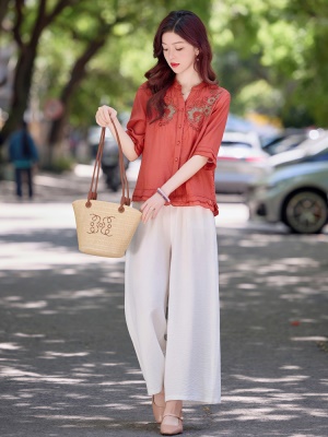 端庄大方优雅天丝套装女2025夏季新款亚麻刺绣贵气御姐感两件套裤