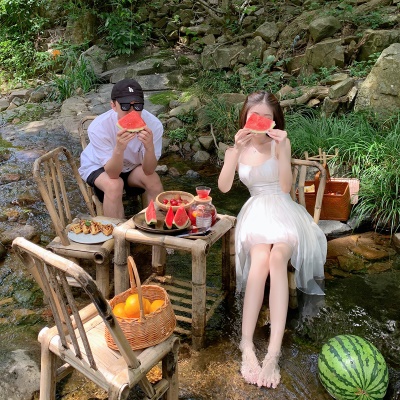 ByYou 夏季气质高级法式白色真丝皱吊带连衣裙收腰显瘦短款仙女裙